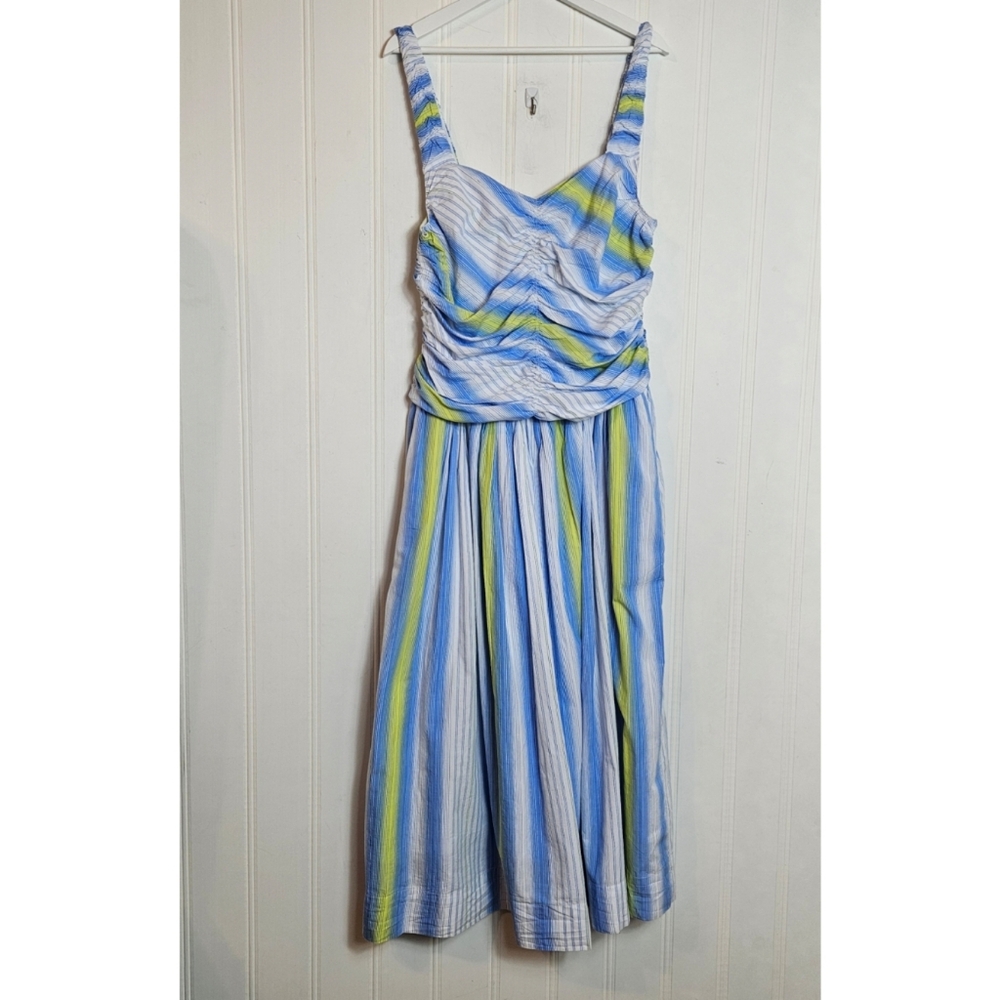 Anthropologie Maxi Dress L Blue Drop Waist Square Neck Pockets Sleeveless Cotton - Picture 2 of 15